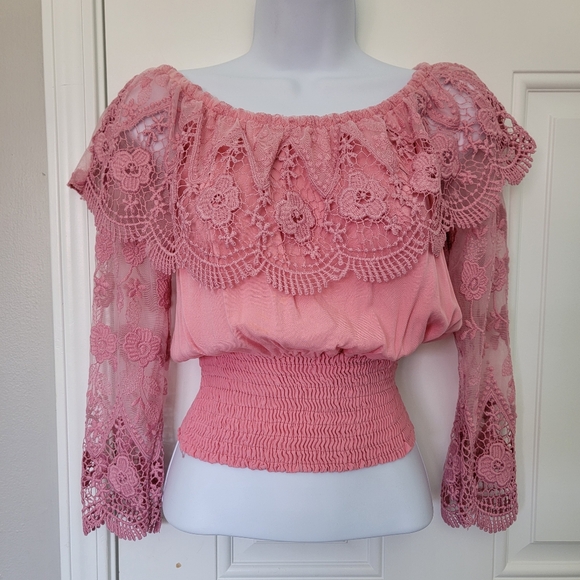 Joanie Tops - Joanie Fashion Pink Lace Smocked Bodice Blouse Fairy Coquette Girly Size Medium